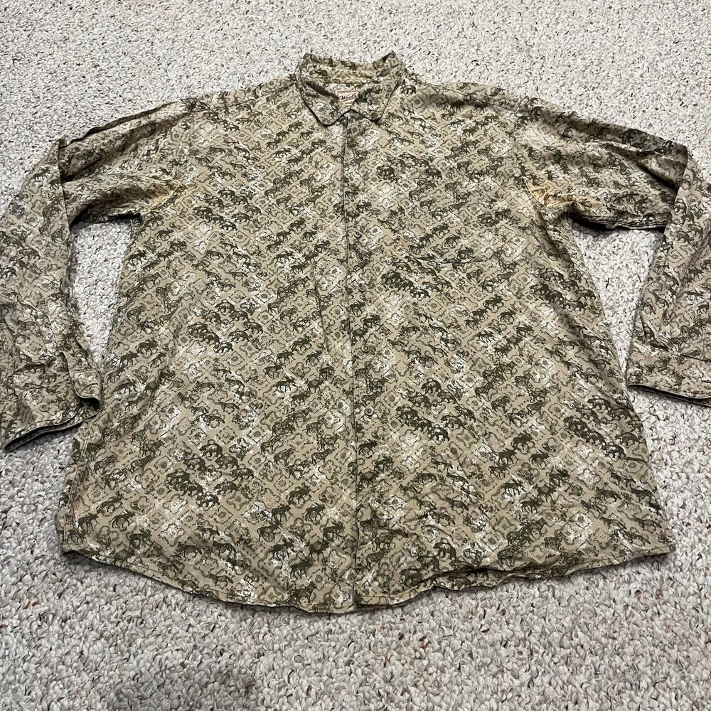 Woolrich Men's Button Down Shirt Animal Print Sz XL Tall Tan Outdoor Gorpcore